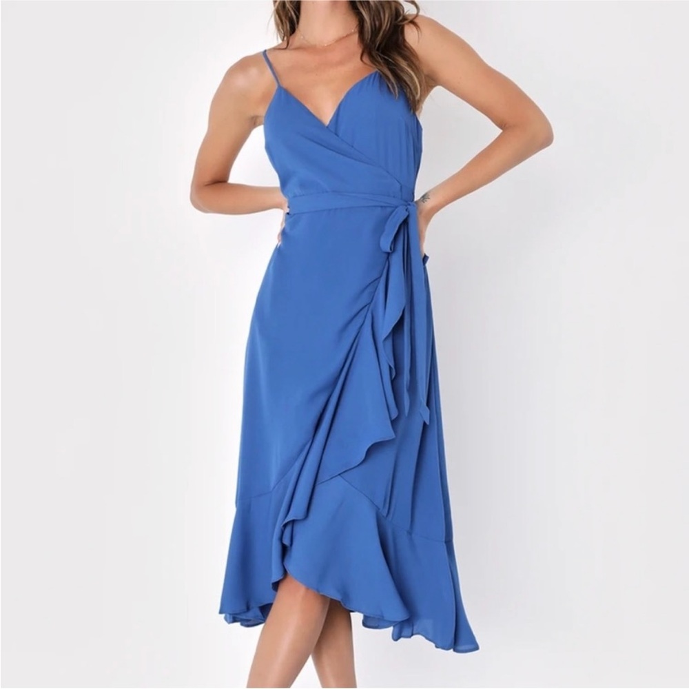 Lulus Manhattan Moment Blue Ruffled Midi Wrap Dress